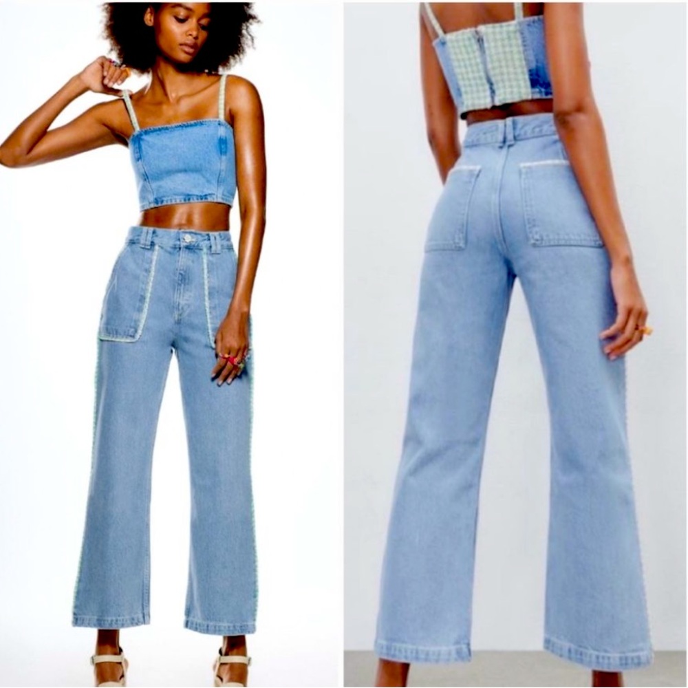 Zara High Rise Tweed Trim Jewel Button Crop Wide Leg Light Wash Denim Jeans 2